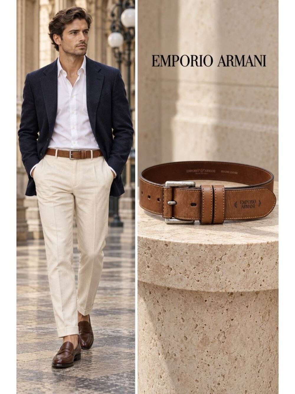Emporio Armani Vintage Brown Genuine Leather Belt 90/36 Made in Italy